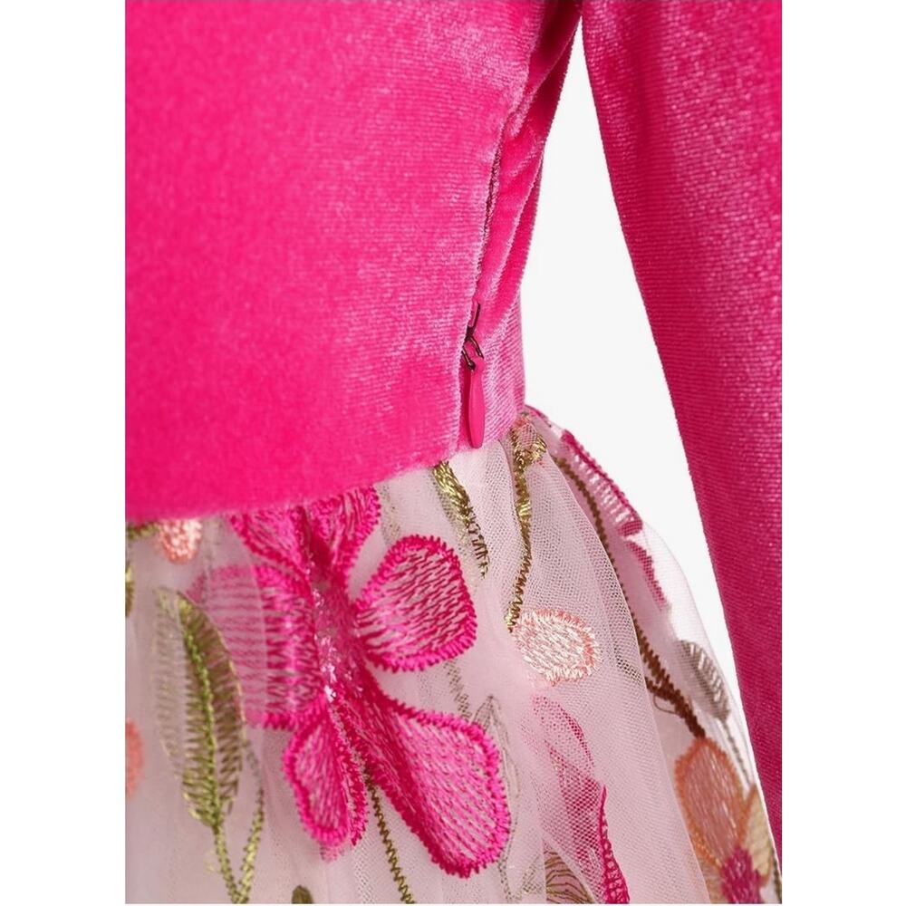 Girls Velvet Dress Floral Embroidery Tulle with Bowknot Headband, Pink Size 9-10 - Picture 2 of 5